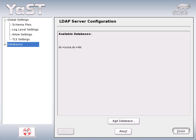 YaST OpenLDAP Server Configuration: Available Databases
