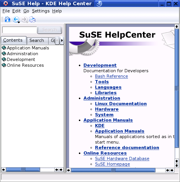 The Main Window of the SuSE Help Center