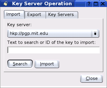 Search Screen for Importing a Key
