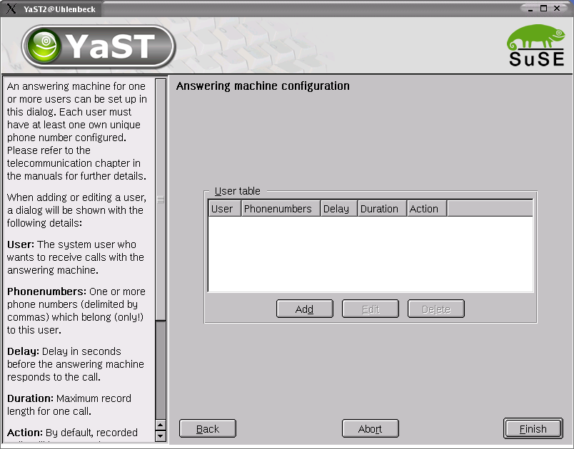 YaST Module for Configuring the Answering Machine