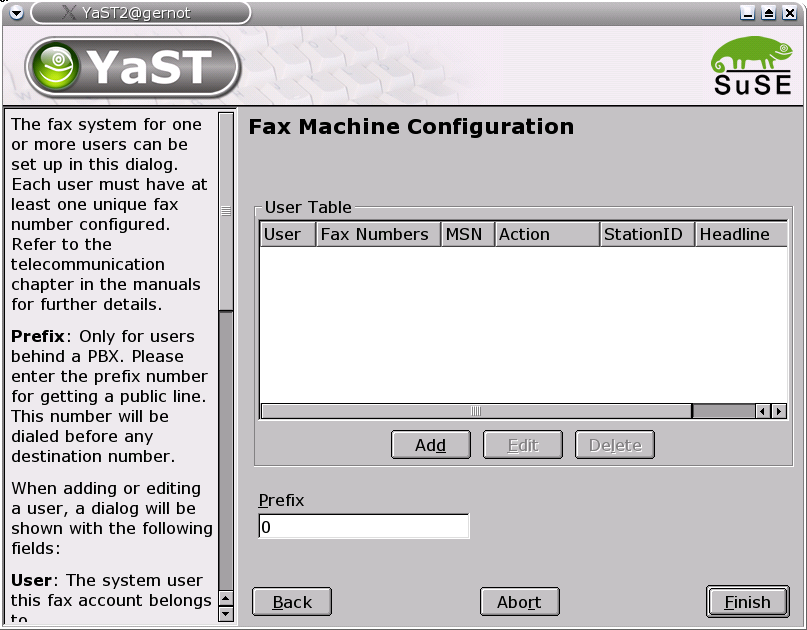 YaST Module for the Configuration of the Fax Function