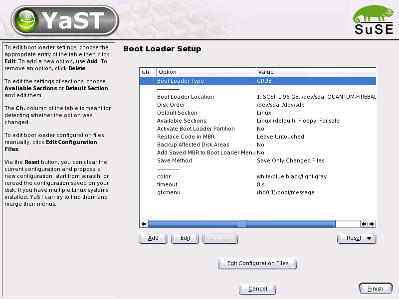Boot Loader Configuration with YaST