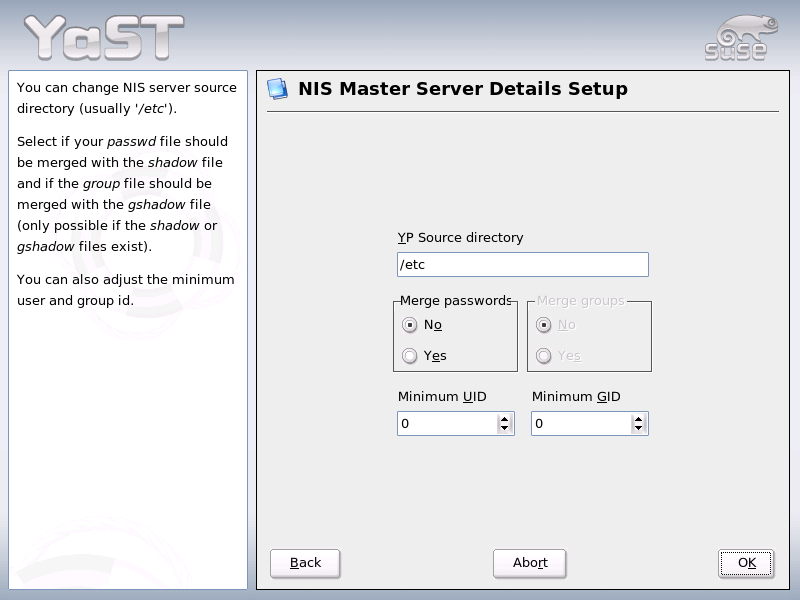 YaST: Changing the Directory and Synchronizing Files for a NIS Server