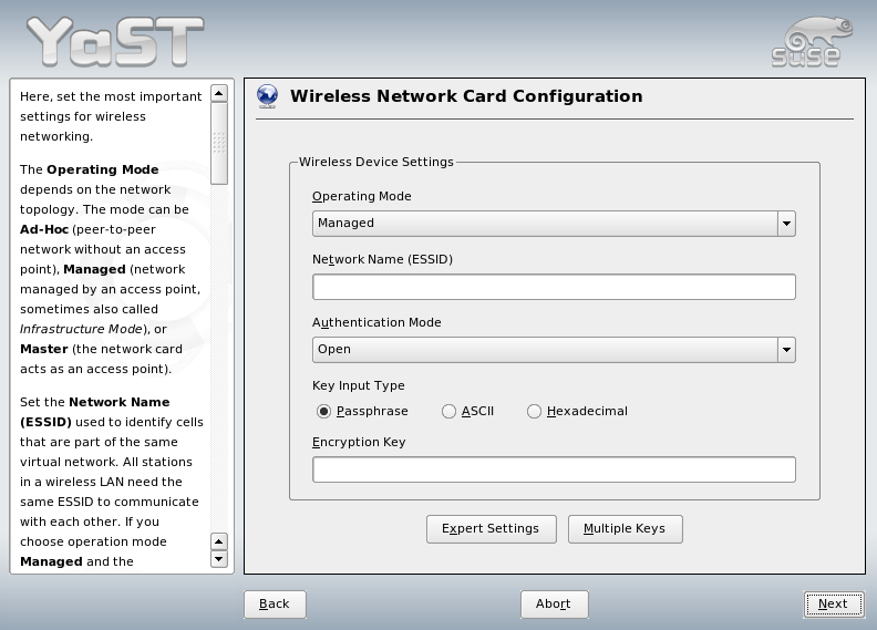 YaST: Configuring the Wireless Network Card