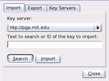 Search Screen for Importing a Key